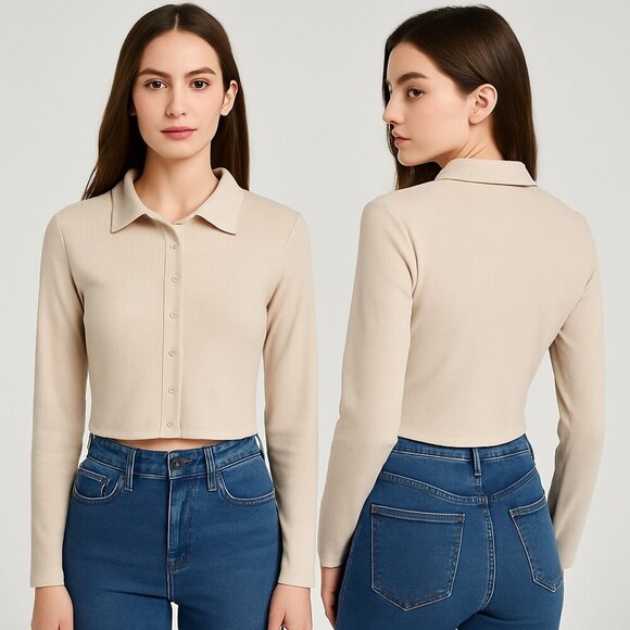 SHEIN✨Ribbed Collared Button Down Crop Top👚 Long Sleeve Neutral Beige Sz S - Picture 3 of 10